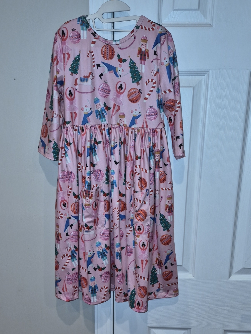 Girls' Pink Nutcracker Holiday Print Long Sleeve Dress